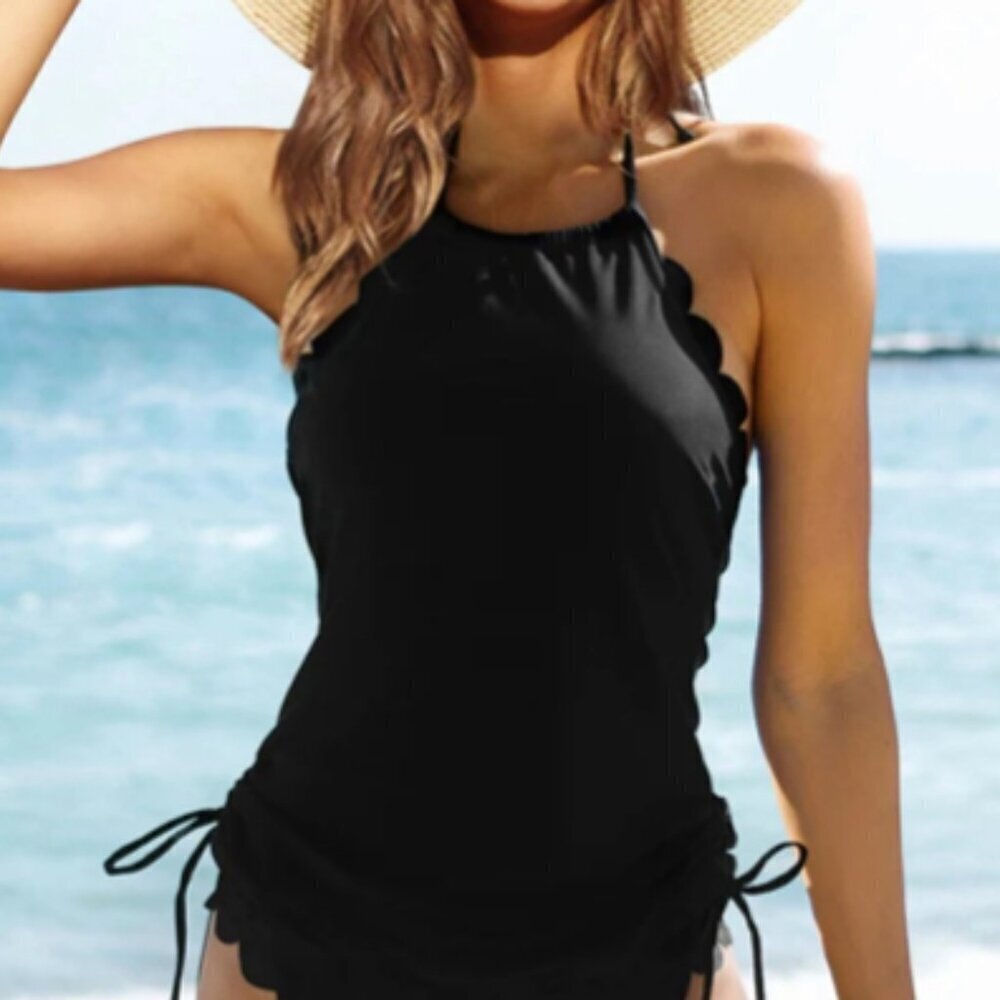 Beachsissi Black Scalloped Halter Tankini Swim Top, XL